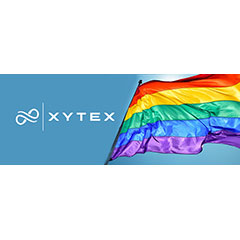Xytex logo with Pride flag, (opens in new window).